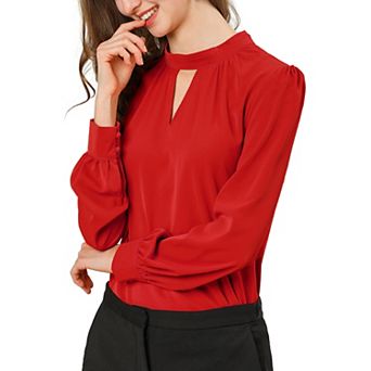 Women's Keyhole Stand Collar Pleated Back Button Blouse Tops