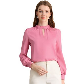 Women's Keyhole Stand Collar Pleated Back Button Blouse Tops