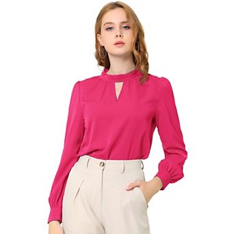 Women's Keyhole Stand Collar Pleated Back Button Blouse Tops