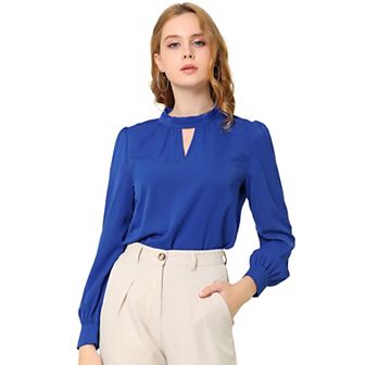 Women's Keyhole Stand Collar Pleated Back Button Blouse Tops