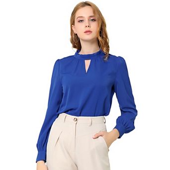Women's Keyhole Stand Collar Pleated Back Button Blouse Tops