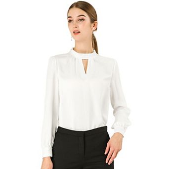 Women's Keyhole Stand Collar Pleated Back Button Blouse Tops