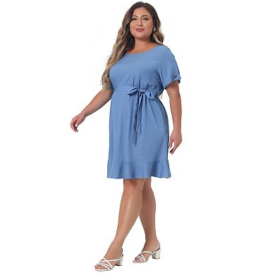Women's Plus Size Plain Short Sleeve Ruffle Chambray Midi Dresses
