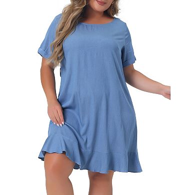 Women's Plus Size Plain Short Sleeve Ruffle Chambray Midi Dresses