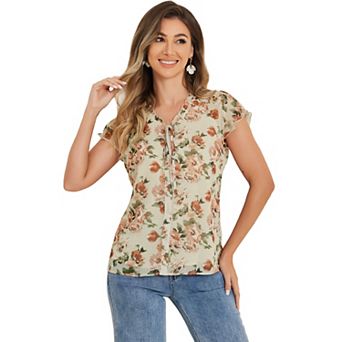 Women's Blouse V Neck Ruffle Floral Short Sleeves Chiffon Tops
