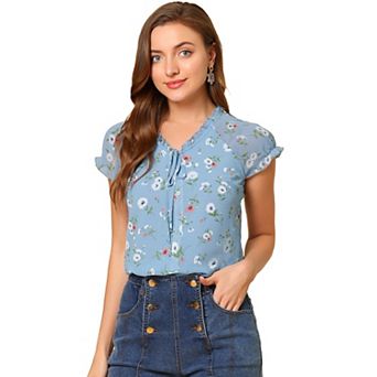 Women's Blouse V Neck Ruffle Floral Short Sleeves Chiffon Tops