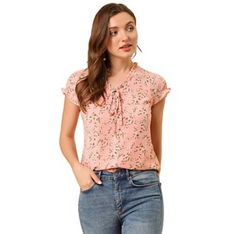 Women's Blouse V Neck Ruffle Floral Short Sleeves Chiffon Tops