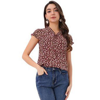 Women's Blouse V Neck Ruffle Floral Short Sleeves Chiffon Tops