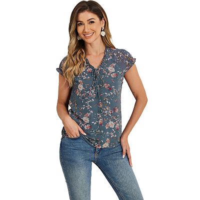 Women's Blouse V Neck Ruffle Floral Short Sleeves Chiffon Tops