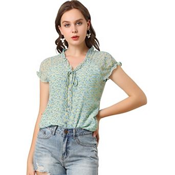 Women's Blouse V Neck Ruffle Floral Short Sleeves Chiffon Tops