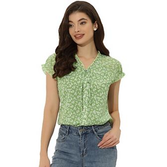 Women's Blouse V Neck Ruffle Floral Short Sleeves Chiffon Tops