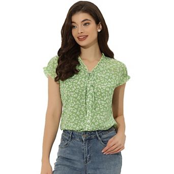 Women's Blouse V Neck Ruffle Floral Short Sleeves Chiffon Tops