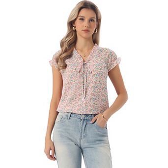 Women's Blouse V Neck Ruffle Floral Short Sleeves Chiffon Tops
