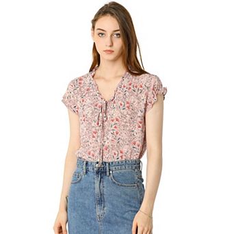 Women's Blouse V Neck Ruffle Floral Short Sleeves Chiffon Tops