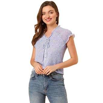 Women's Blouse V Neck Ruffle Floral Short Sleeves Chiffon Tops