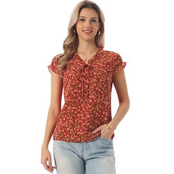 Women's Blouse V Neck Ruffle Floral Short Sleeves Chiffon Tops