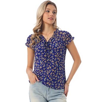 Women's Blouse V Neck Ruffle Floral Short Sleeves Chiffon Tops