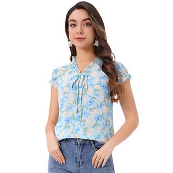 Women's Blouse V Neck Ruffle Floral Short Sleeves Chiffon Tops