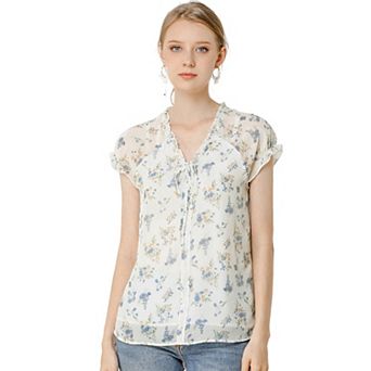 Women's Blouse V Neck Ruffle Floral Short Sleeves Chiffon Tops