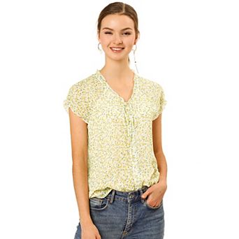 Women's Blouse V Neck Ruffle Floral Short Sleeves Chiffon Tops