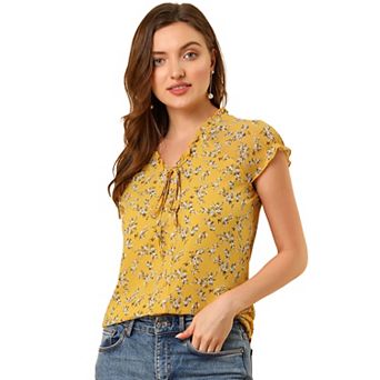 Women's Blouse V Neck Ruffle Floral Short Sleeves Chiffon Tops