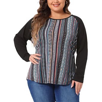 Women's Plus Size Boho Relaxed Fit Blouse Color Block Long Sleeve Top