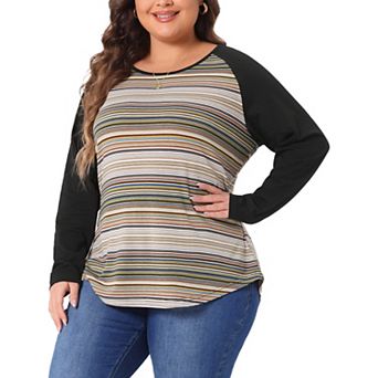 Women's Plus Size Boho Relaxed Fit Blouse Color Block Long Sleeve Top