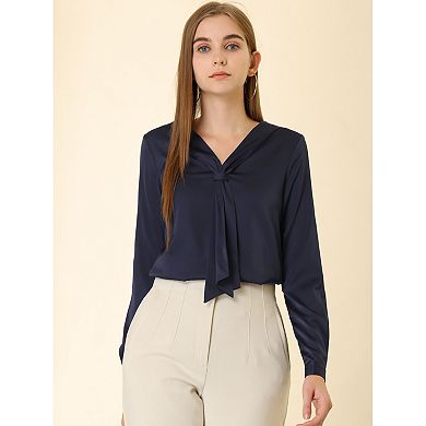 Women's Satin Tie Neck Long Sleeve Solid Color Elegant Office Work Shirt Top