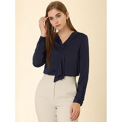 Women's Satin Tie Neck Long Sleeve Solid Color Elegant Office Work Shirt Top