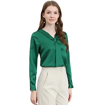 Women's Satin Tie Neck Long Sleeve Solid Color Elegant Office Work Shirt Top