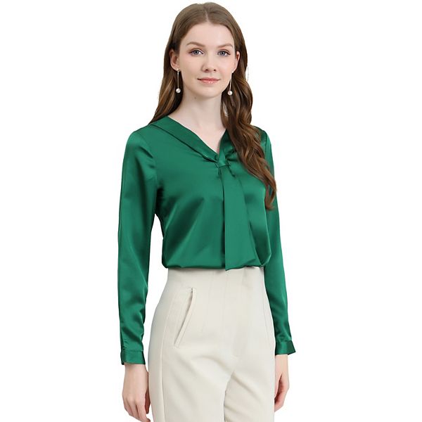 Women's Satin Tie Neck Long Sleeve Solid Color Elegant Office Work ...