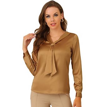 Women's Satin Tie Neck Long Sleeve Solid Color Elegant Office Work Shirt Top