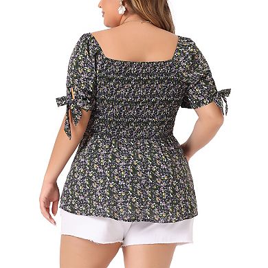 Plus Size Blouses for Women Square Neck Smocked Bow Tie Short Sleeve Summer Peplum Tops