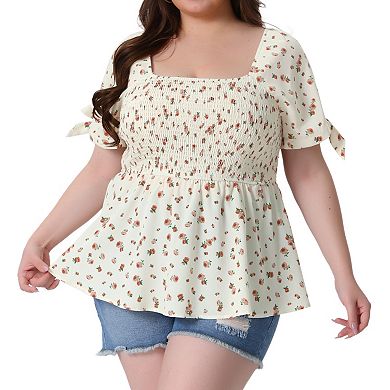 Plus Size Blouses for Women Square Neck Smocked Bow Tie Short Sleeve Summer Peplum Tops