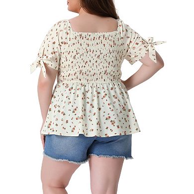 Plus Size Blouses for Women Square Neck Smocked Bow Tie Short Sleeve Summer Peplum Tops