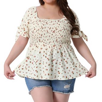 Plus Size Blouses for Women Square Neck Smocked Bow Tie Short Sleeve Summer Peplum Tops