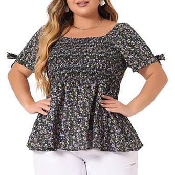 Plus Size Blouses for Women Square Neck Smocked Bow Tie Short Sleeve Summer Peplum Tops