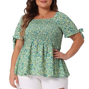Plus Size Blouses for Women Square Neck Smocked Bow Tie Short Sleeve Summer Peplum Tops
