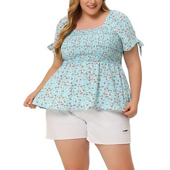 Plus Size Blouses for Women Square Neck Smocked Bow Tie Short Sleeve Summer Peplum Tops