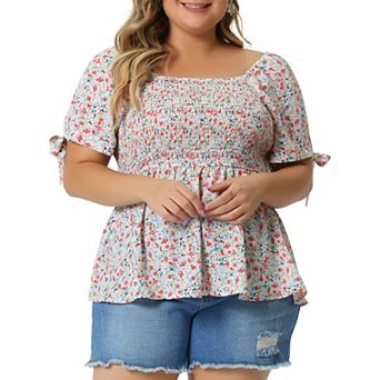Plus Size Blouses for Women Square Neck Smocked Bow Tie Short Sleeve Summer Peplum Tops