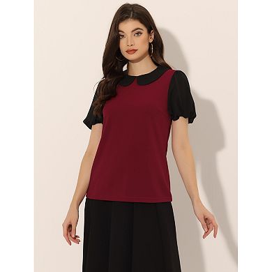 Peter Pan Collar Blouse For Women's Contrast Puffy Short Sleeve Summer Top