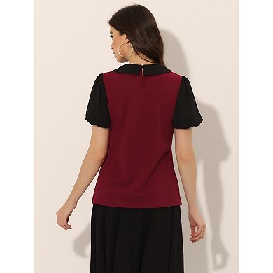 Peter Pan Collar Blouse For Women's Contrast Puffy Short Sleeve Summer Top