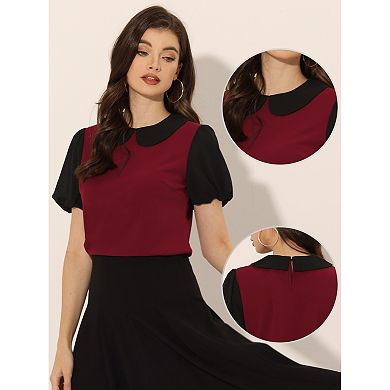 Peter Pan Collar Blouse For Women's Contrast Puffy Short Sleeve Summer Top