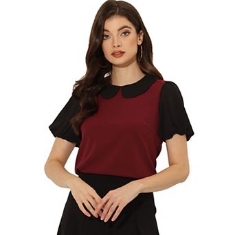 Peter Pan Collar Blouse For Women's Contrast Puffy Short Sleeve Summer Top