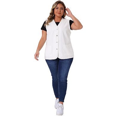 Women's Plus Size V Neck Sleeveless Button Down Denim Jacket
