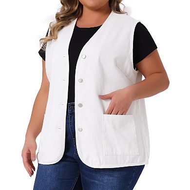 Women's Plus Size V Neck Sleeveless Button Down Denim Jacket
