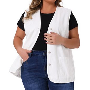 Women's Plus Size V Neck Sleeveless Button Down Denim Jacket