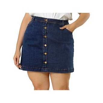 Women's Plus Size Button A Line Side Pocket Mini Denim Skirt