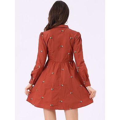 Women's Shirt Dress Embroidered Floral Long Sleeve Button Placket Mini Dresses