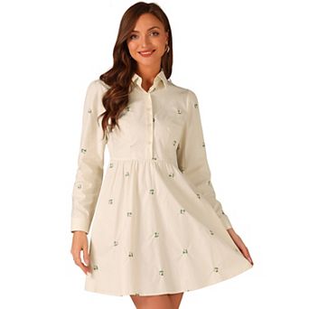 Women's Shirt Dress Embroidered Floral Long Sleeve Button Placket Mini Dresses